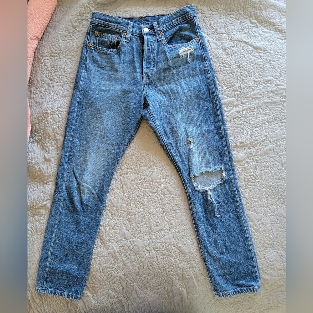 Levi 501 Skinny Button Fly Jeans. Distressed, Size W28 L28